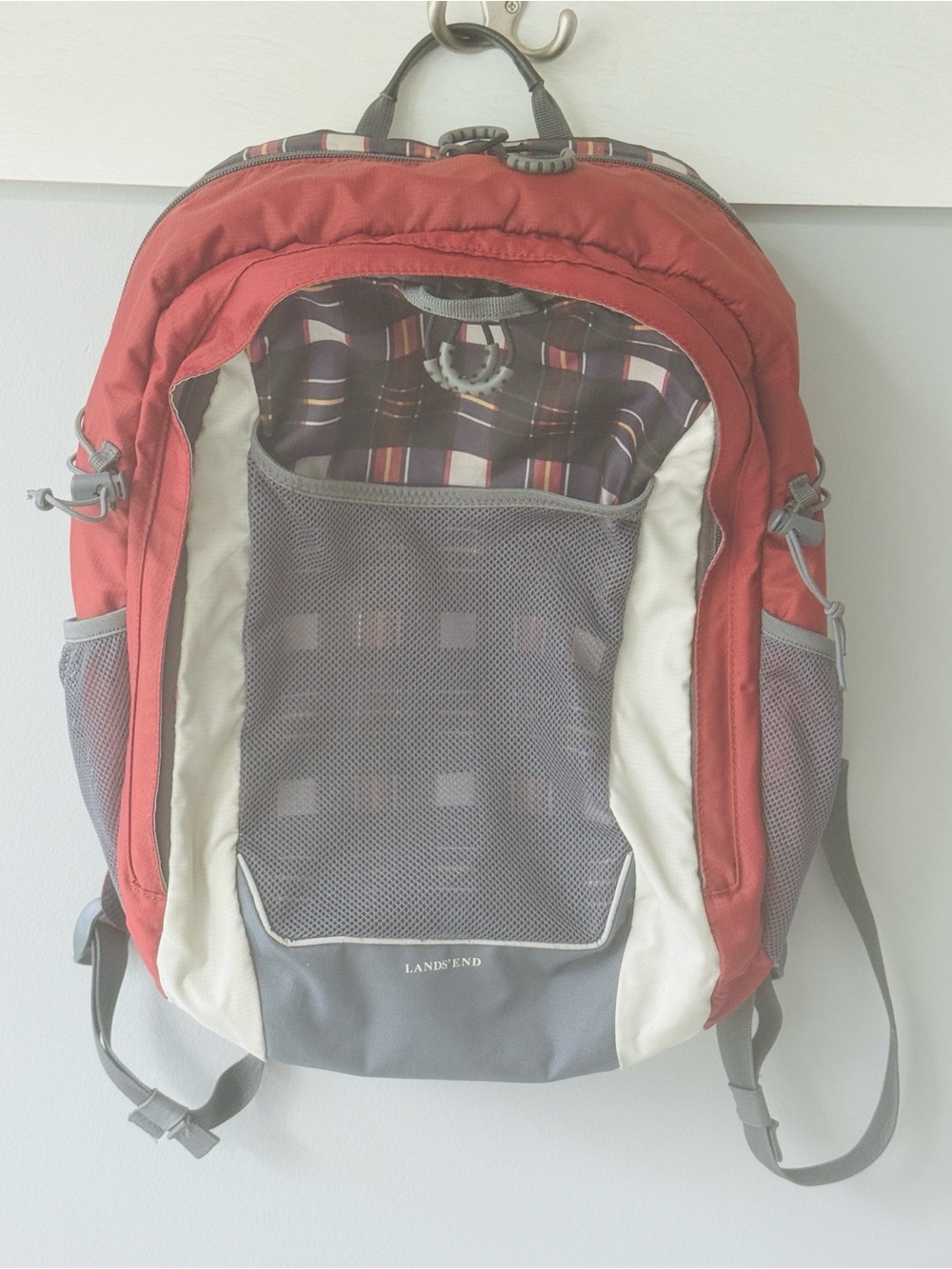 Lands' End Kids Large Red Blue Gray Plaid Backpack 18"H x 12.5"W x 9"D